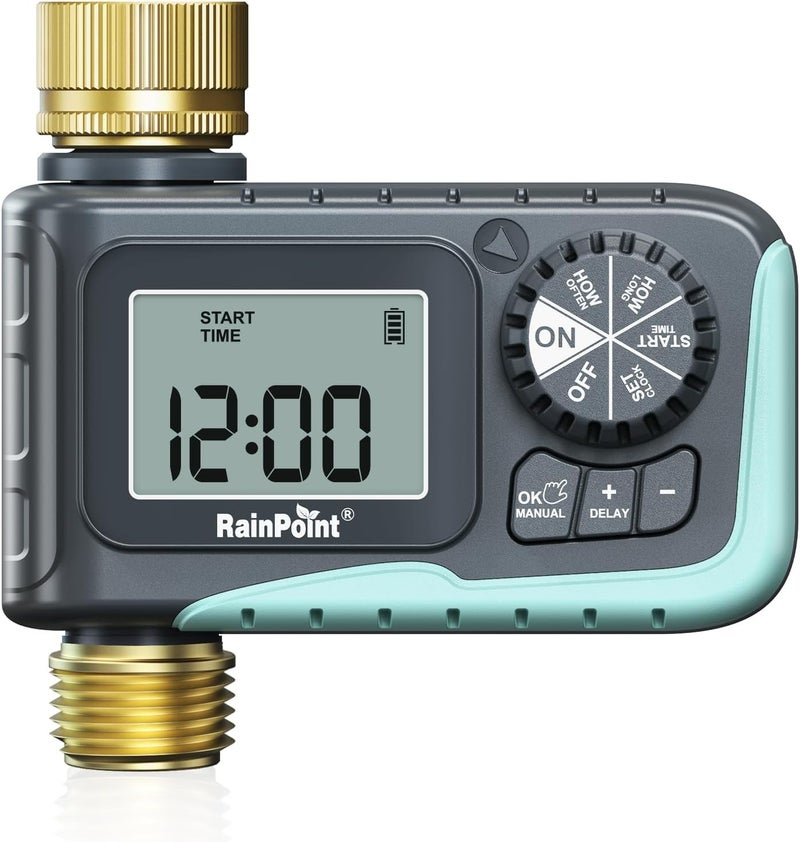 RAINPOINT Sprinkler Timer with Brass Inlet & Outlet, Programmable Hose Timer for Garden Soaker Hose, Watering Timer with Rain Delay/Manual Watering System, Digital Drip Irrigation for Yard, Lawn - Image 1